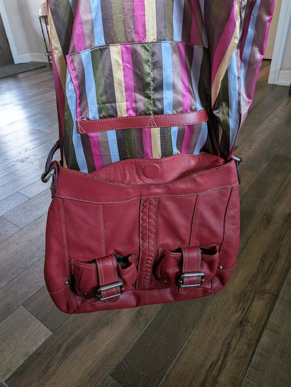 Tignanello Red Leather Shoulder Bag Hobo Braided Detail